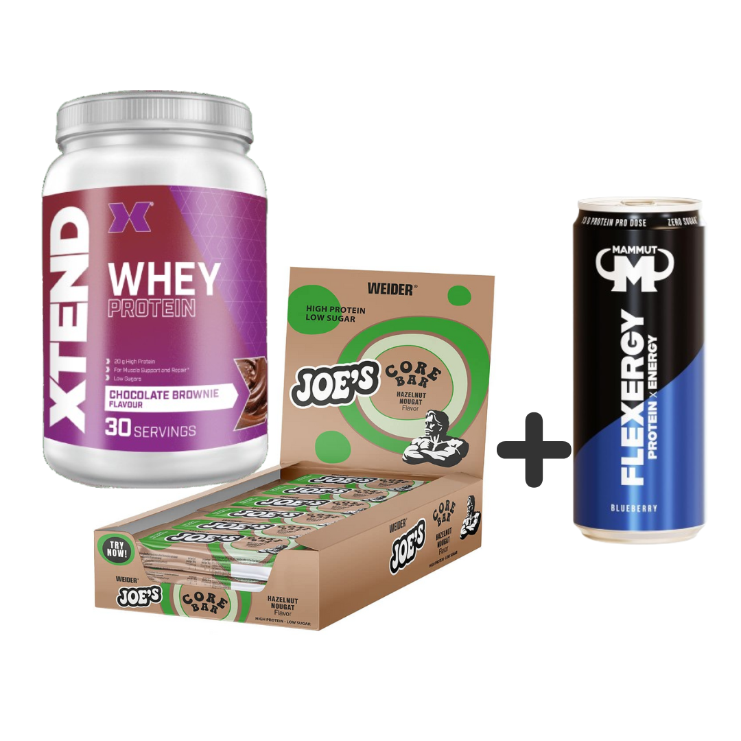 1x Xtend Whey (810g) + 1x JOE’s Core Bar Hazelnut-Nougat (12x45g) + 1x Flexergy Protein Energy Drink Blueberry (330ml) GRATIS