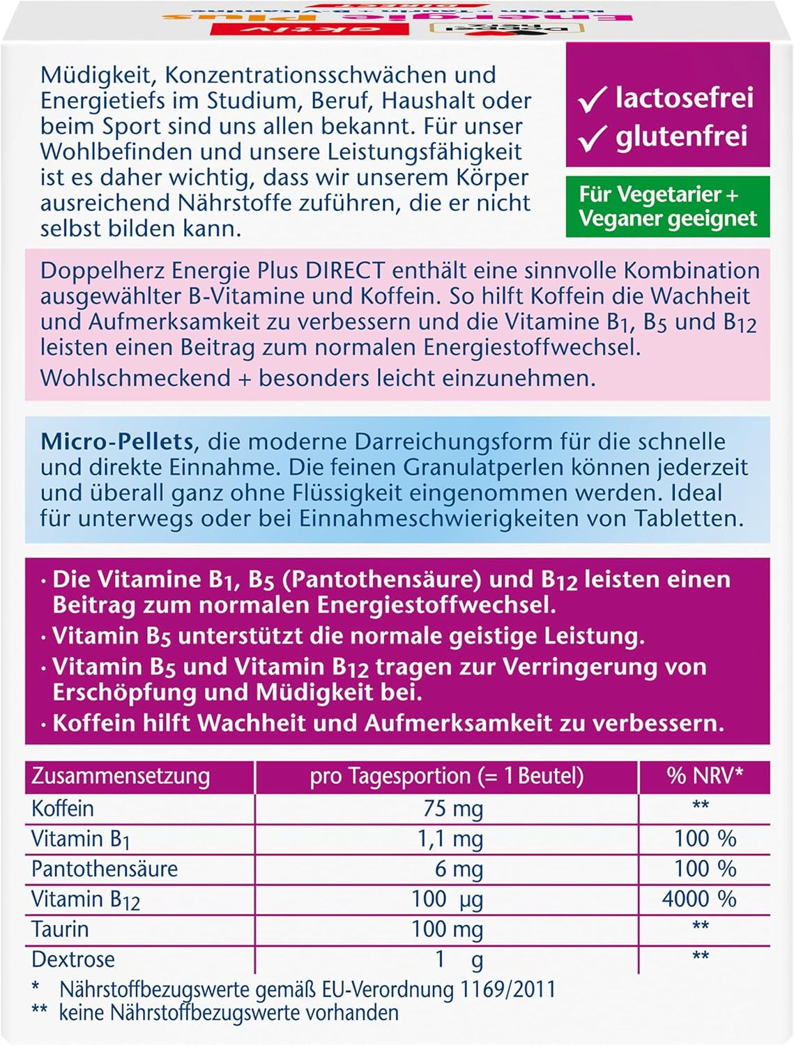 Energie Plus Koffein + Taurin + B-Vitamine Direct (20 Portionsbeutel)