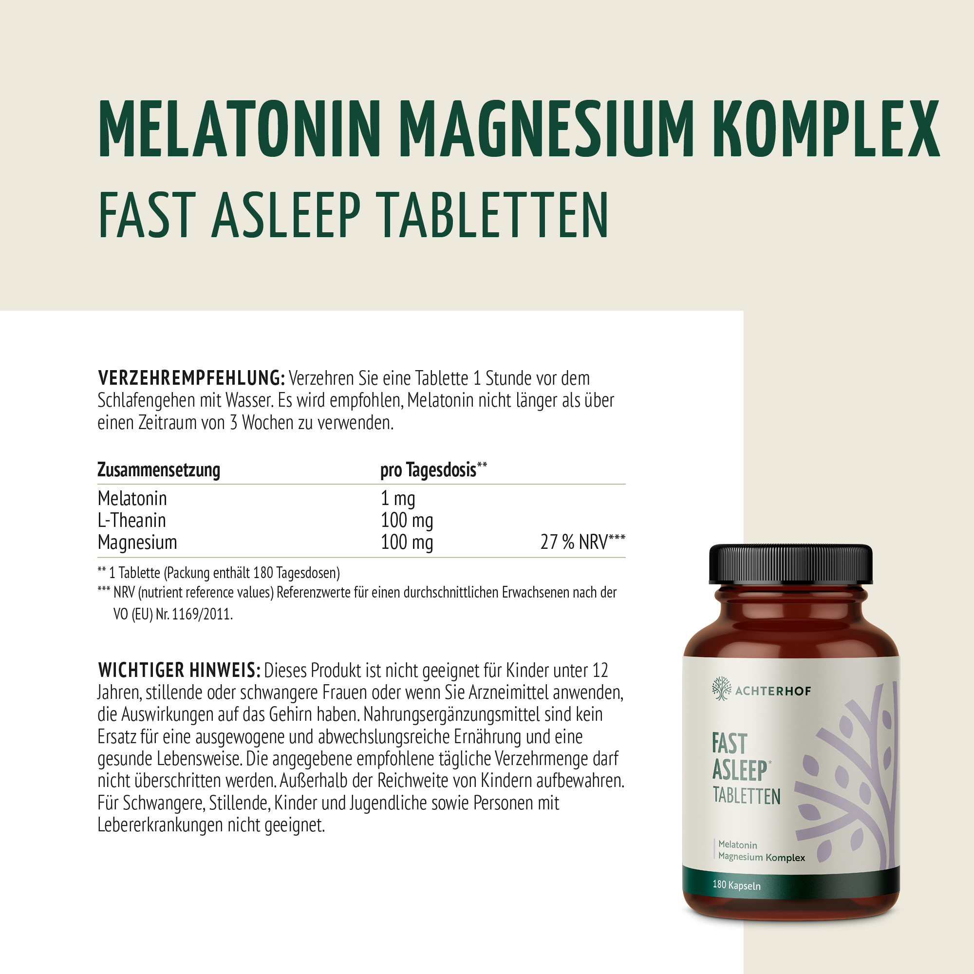 Melatonin Magnesium Komplex Fast Asleep (180 Tabletten)