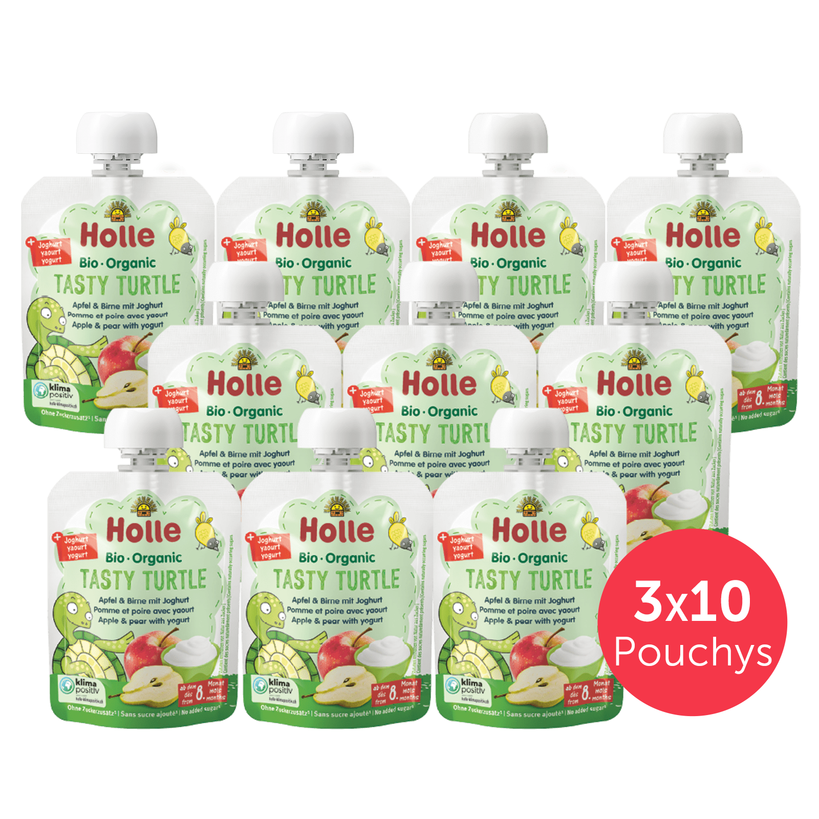 3er Pack Bio Tasty Turtle - 10x85g - Pouchy Apfel & Birne mit Joghurt ab dem 8. Monat