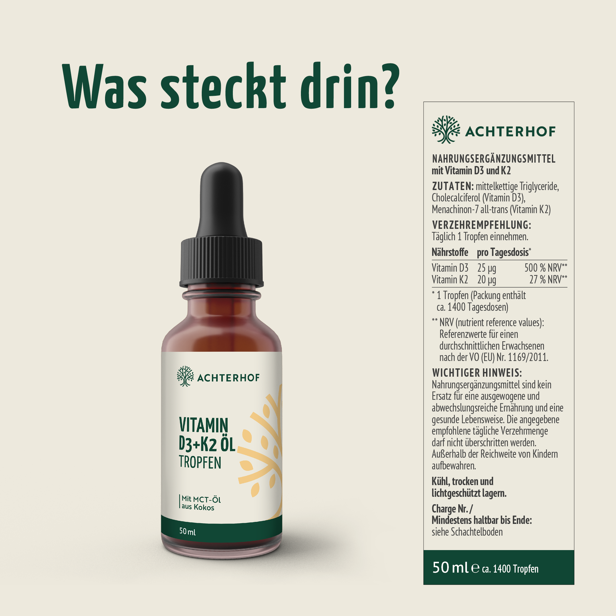 Vitamin D3+K2 Öl Tropfen (50ml)