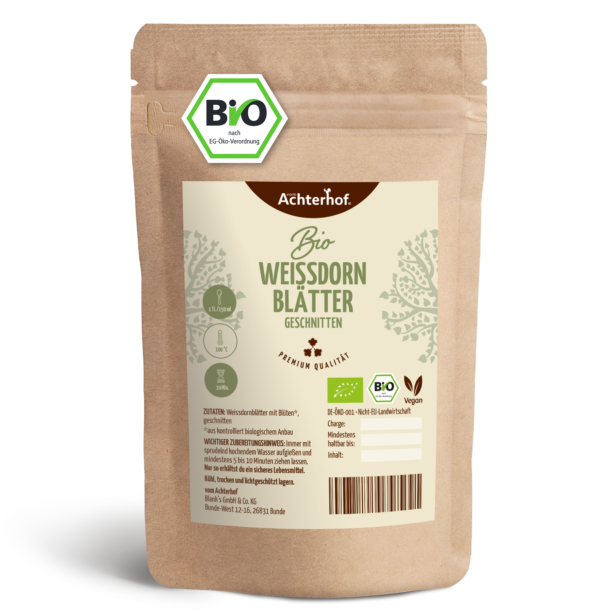 Weißdornblätter mit Blüten geschnitten Bio (250g)