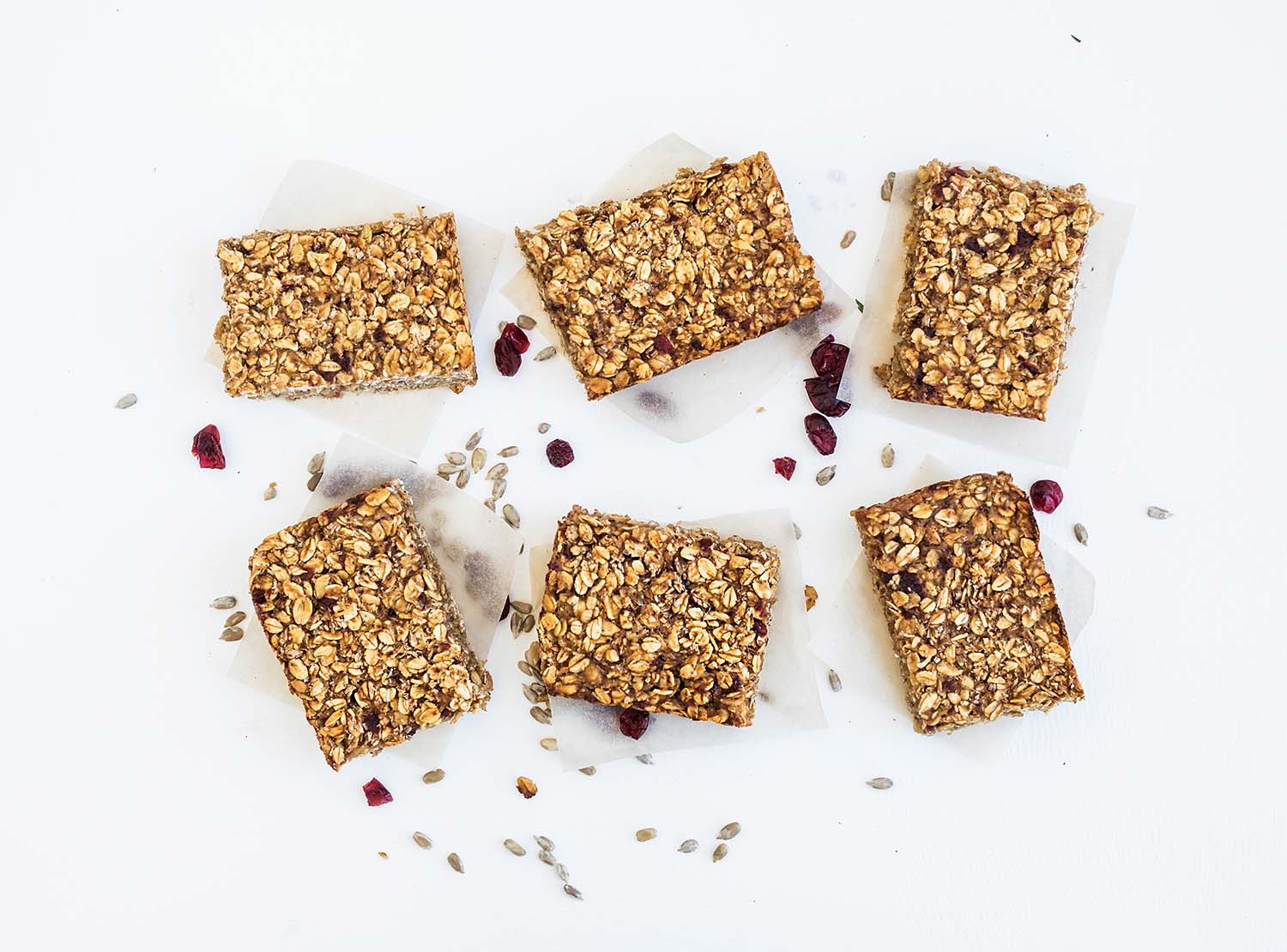 Granola bars on white background, top view