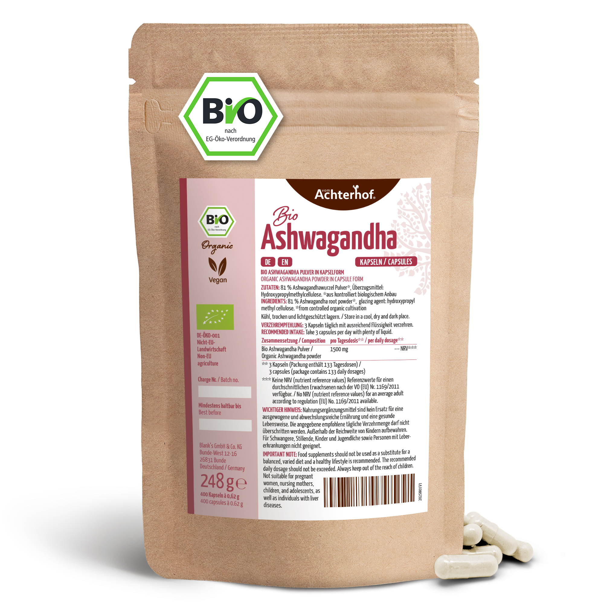 Ashwagandha Kapseln Bio Nachfüllpack (400 Kapseln)