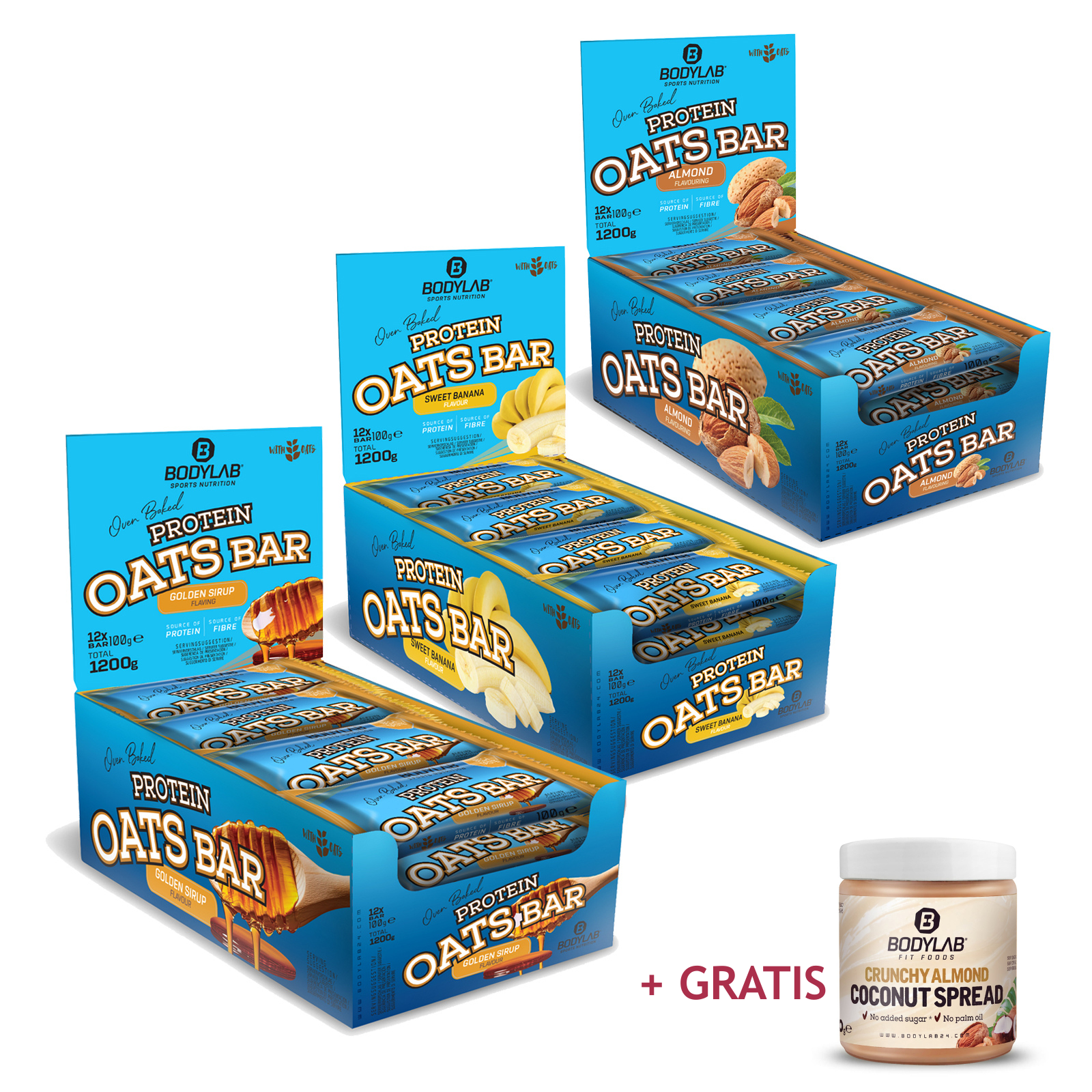 Dreierpack Protein Oats Bar (3x12x100g) + GRATIS Crunchy Almond Coconut Spread (250g)