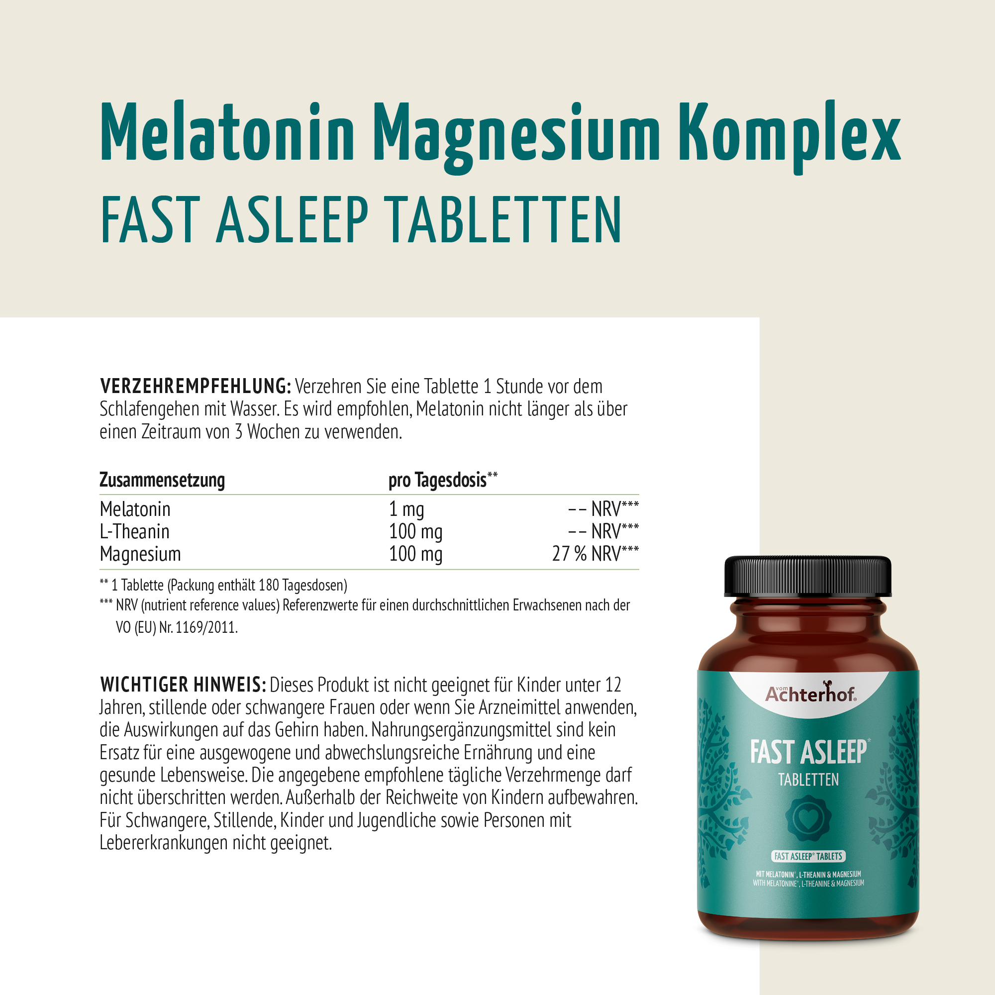 Melatonin Magnesium Komplex Fast Asleep (180 Tabletten)