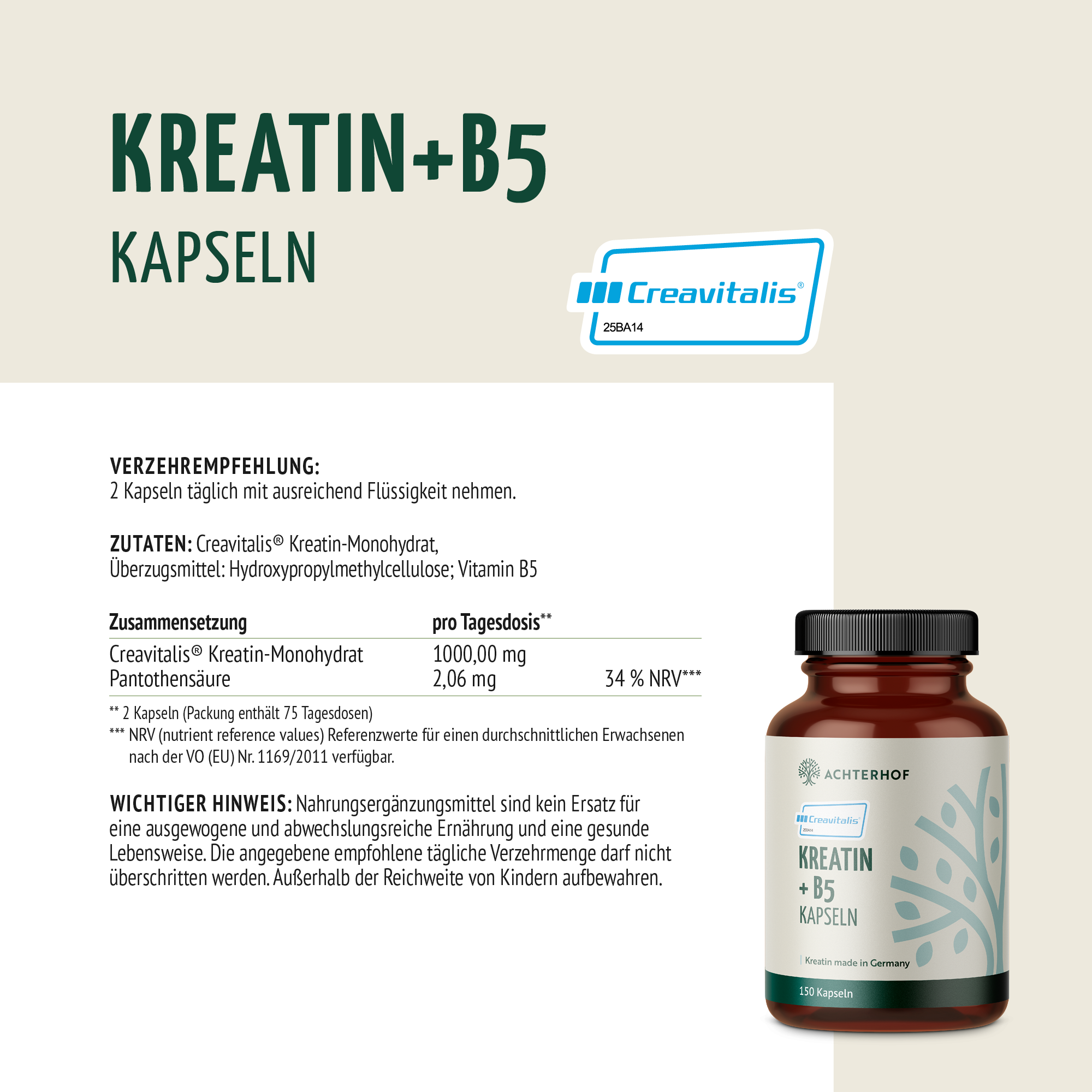 Creavitalis® Kreatin+B5 Kapseln (150 Kapseln)